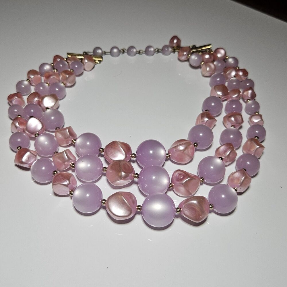 *Sale* Coro Light Purple Pink Moonglow Lucite 3 Strand Beaded Necklace 16-19"